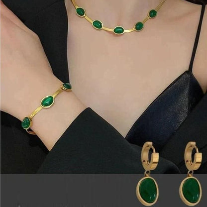 Oval Green Crystal Pendant Necklace Set With Bracelet