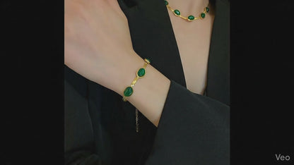 Oval Green Crystal Pendant Necklace Set With Bracelet